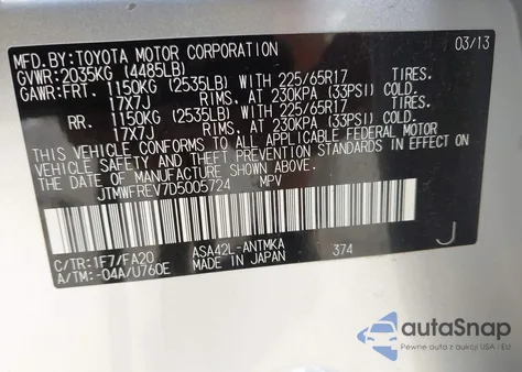 2013 Toyota Rav4 Xle из США, поврежденный, VIN JTMWFREV7D5005724